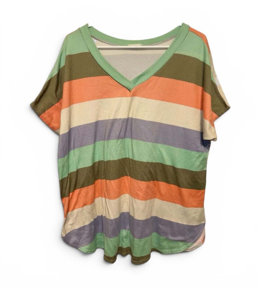 BomBom Multi-Color Striped Short Sleeve V-Neck Tunic Top